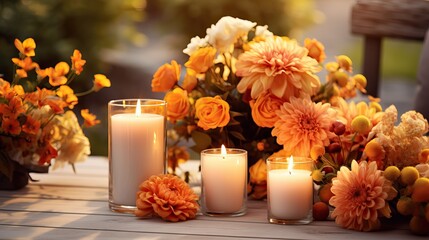 Some Plants during Fall Season near a Candle. Autumnal Warm Composit.