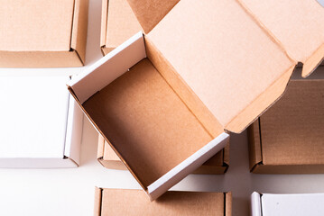 Lot of cardboard box, brown and white, mockup, opened, empty inside