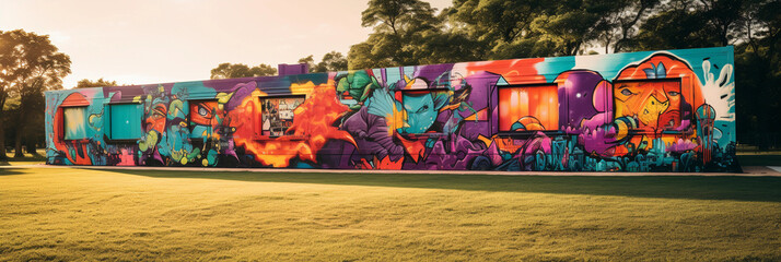 Graffiti art meets park scenery, vivid and bold outlines, populated with caricatured animals and...