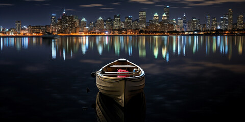 nighttime view, small rowboat in foreground, city skyline in the background, city lights reflecting...
