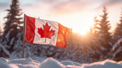 Canadian flag frozen in the icy winds, framed by snow - covered pine trees, golden hour lighting - Powered by Adobe