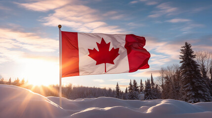 Canadian flag frozen in the icy winds, framed by snow - covered pine trees, golden hour lighting