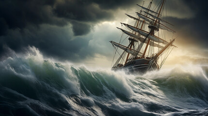 stormy ocean scene, tall ship struggling against towering waves, dramatic sky with dark clouds, sense of danger