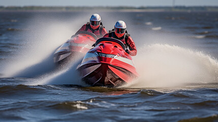 Speedboats racing, splashing water, sense of speed, vibrant colors