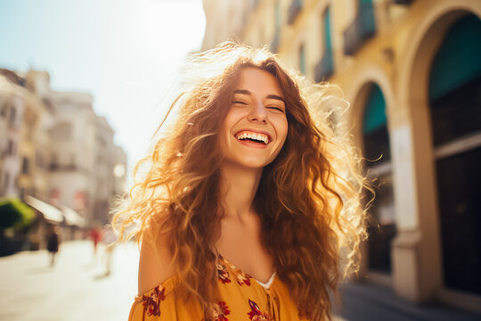 Closeup portrait of a beautiful young woman with curly hair laughing on the street