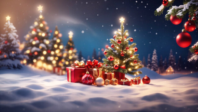 View of beautifully decorated christmas tree outdoors, Christmas background, Generative AI. free Stock Photo