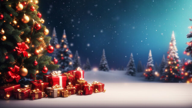 View of beautifully decorated christmas tree outdoors, Christmas background, Generative AI. free Stock Photo