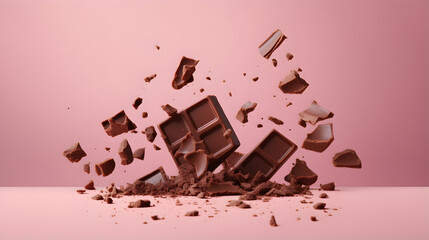 Broken chocolate bar pieces falling on pink beige background - obrazy, fototapety, plakaty