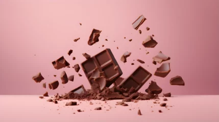 Fotobehang Broken chocolate bar pieces falling on pink beige background © Noah