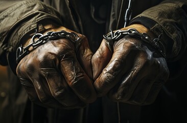 Fototapeta na wymiar Male hands shackled, hands tied with a chain. Restriction of hand movement with handcuffs. Concept: Prisoner Man Trapped 