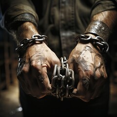 Male hands shackled, hands tied with a chain. Restriction of hand movement with handcuffs. Concept: Prisoner Man Trapped
