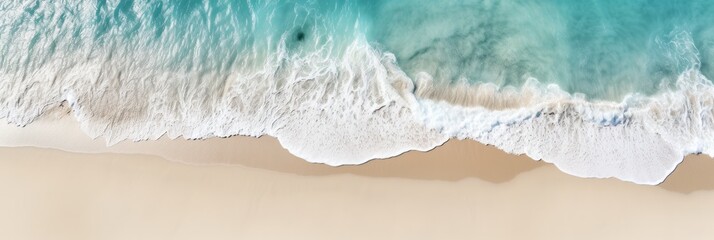 Overhead view of beautiful crystal water waves washing onshore on a pristine beach, sunny day. Tropical shoreline. Aerial drone like view. Generative AI.
 - obrazy, fototapety, plakaty