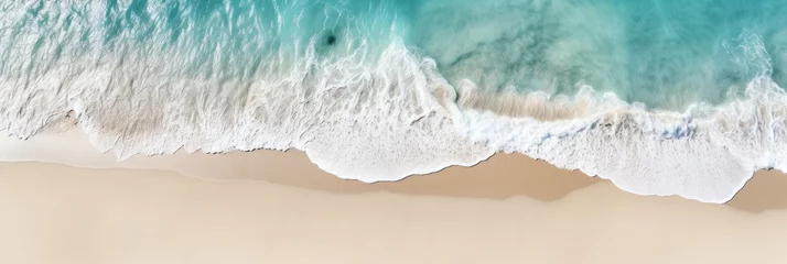 Foto op Plexiglas Overhead view of beautiful crystal water waves washing onshore on a pristine beach, sunny day. Tropical shoreline. Aerial drone like view. Generative AI.  © Carl & Heidi