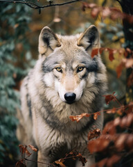 Fototapeta premium wolf portrait, autumn forest, generative ai 