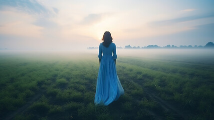 Fototapeta na wymiar woman in a blue dress standing in the middle of a field, generative ai 