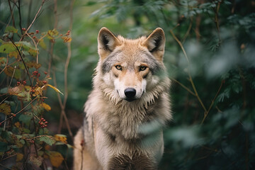 Obraz premium wolf portrait, autumn forest, generative ai 