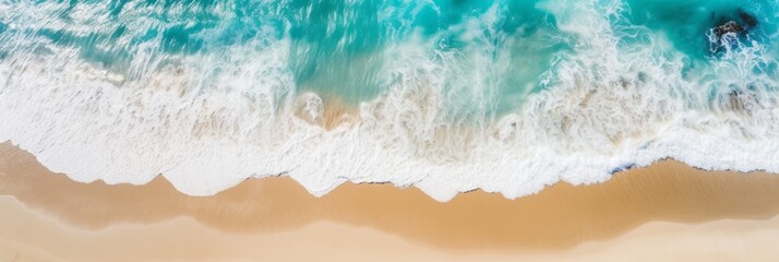 Overhead view of beautiful crystal water waves washing onshore on a pristine beach, sunny day. Tropical shoreline. Aerial drone like view. Generative AI.
