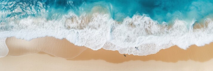 Fototapeta na wymiar Overhead view of beautiful crystal water waves washing onshore on a pristine beach, sunny day. Tropical shoreline. Aerial drone like view. Generative AI. 