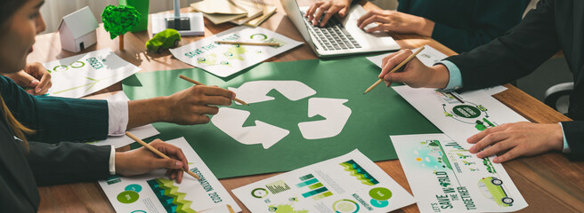 Group of business people planning and discussing on recycle reduce reuse policy symbol in office meeting room. Green business company with eco-friendly waste management regulation concept.Trailblazing - obrazy, fototapety, plakaty