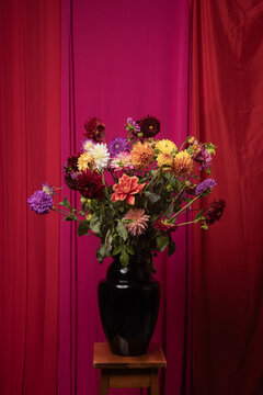 modern still life with bouquet of classic dahlia flowers