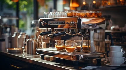 Foto op Plexiglas Coffee machine for preparing a hot drink with caffeine. Modern appliances for the kitchen and coffee making. morning atmosphere of a cozy cafe. © Marynkka_muis