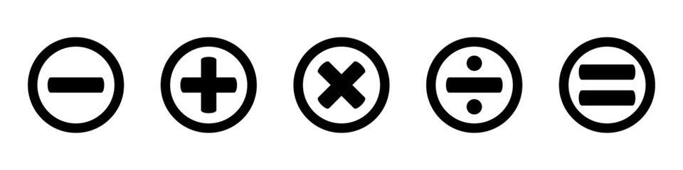 Basic mathematical icon, basic mathematical symbol. Set of mathematical symbols: plus, minus, multiplication, division, equals. Isolated vector illustration on a white background.