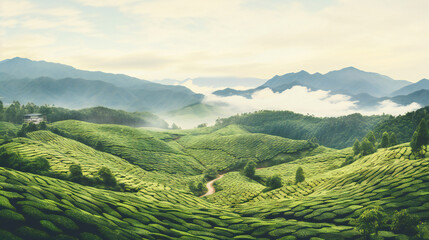 landscape in the mountains with vivid green tea plantation on the slopes watercolor