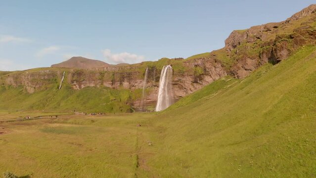 Seljalandfoss, Iceland. Amazing aerial view from drone in summer season