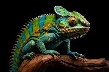 Panther chameleon walking on spiral wood with a black background