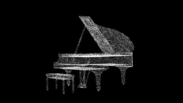3D Grand piano on black background. Classical music concept. Learning to play the piano. Business advertising backdrop. For title, text, presentation. 3d animation.