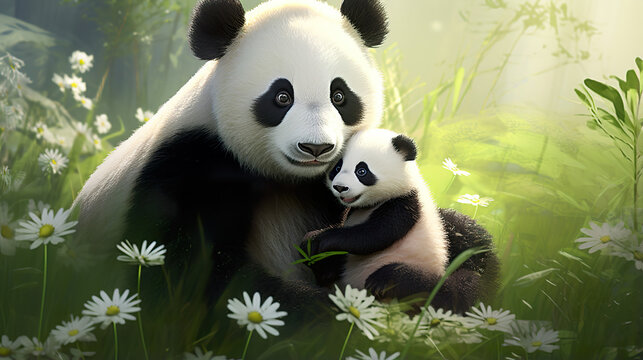 A lovely scene of a panda and its adorable cub joyfully together in a Chinese park, depicted in a realistic digital illustration