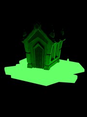3D computer-rendered illustration of a mausoleum on glowing earth
