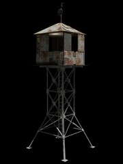3D computer-rendered illustration of a shack on top of a tower.