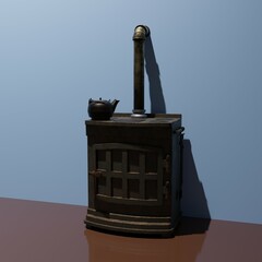 3D computer-rendered illustration of an old cast iron wood cookstove.