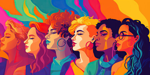 Obraz na płótnie Canvas Empowered women against a rainbow background, colorful vibrant portraits