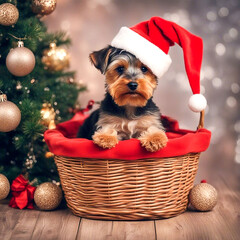cute Yorkshire terrier puppy in a Santa hat sits in a basket. christmas background