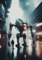 futuristico robot meccanico, mecha,  fermo sotto la pioggia in un strada cittadina, ambientazione cupa e piovosa - obrazy, fototapety, plakaty