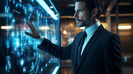 A man and holograms with graphs and statistics. Concept: politician and economic figure developing a strategy. Future technologies for displaying information
