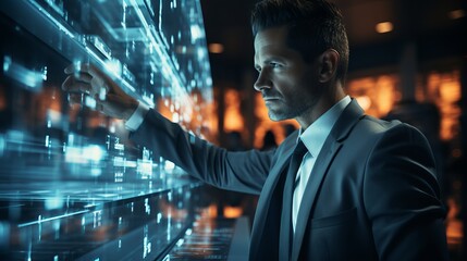 A man and holograms with graphs and statistics. Concept: politician and economic figure developing a strategy. Future technologies for displaying information
