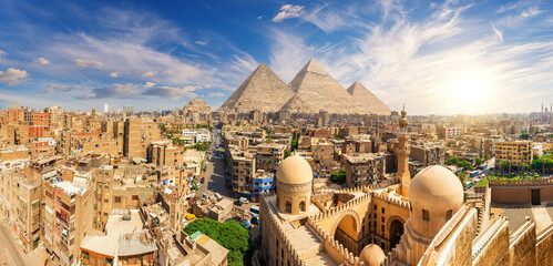 Aerial view of Cairo, the Pyramids, Mosque of Ibn Tulun and other sights of the capital of Egypt