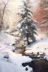 Winter forest and a river in the snow. Snow covered landscape in the winter.