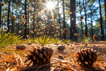 Photo of a pine forest with scattered pine cones and pine needles on the ground - Powered by Adobe