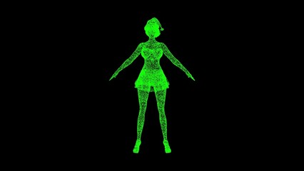 3D Santa girl on black background. Christmas and New Year concept. Santa girl in Santa hat. Business advertising backdrop. For title, text, presentation. 3d animation.