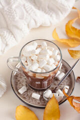 Warm cocoa with marshmallows in a cup and autumn leaves on the table vertical view