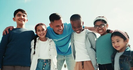 Nature, support and volunteer with teamwork for children, charity and happiness in community work. Diversity, man and smile with collaboration for environment, earth day and climate change awareness