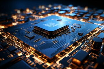 Blue computer chip and yellow pulses