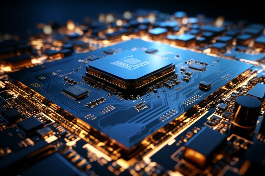 Blue computer chip and yellow pulses