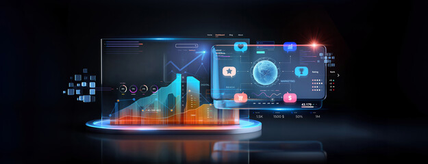 digital marketing and promotional advertisement metrics and indicators dashboard for sales and business results evaluation strategy planning system, mobile app and screens chart analysis banner design