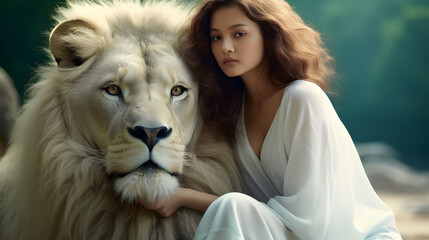 An Asian Woman with a Lion Friend Pet
