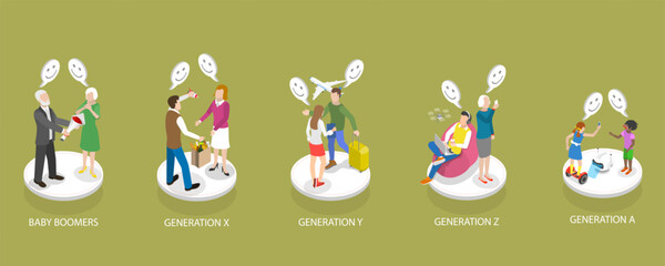 3D Isometric Flat Vector Conceptual Illustration of Social Generations, Different Age Groups - obrazy, fototapety, plakaty